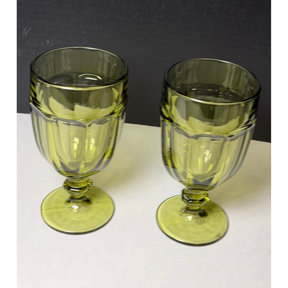 VTG Libbey Gibraltar Duratuff Olive Green Glass Goblets Water Glasses Set of 2 - Picture 3 of 6